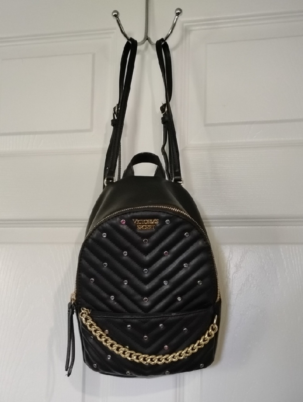 Victoria's Secret Black Quilted Mini Backpack with Gold Chain Accent